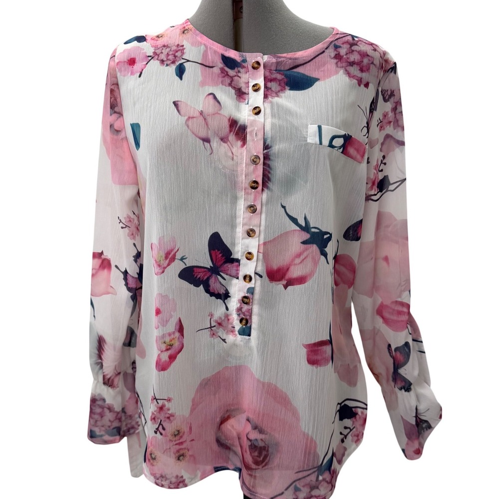 Floral Butterfly Print Blouse Sheer Romanticcore Fairycore Cottagecore Medium‎